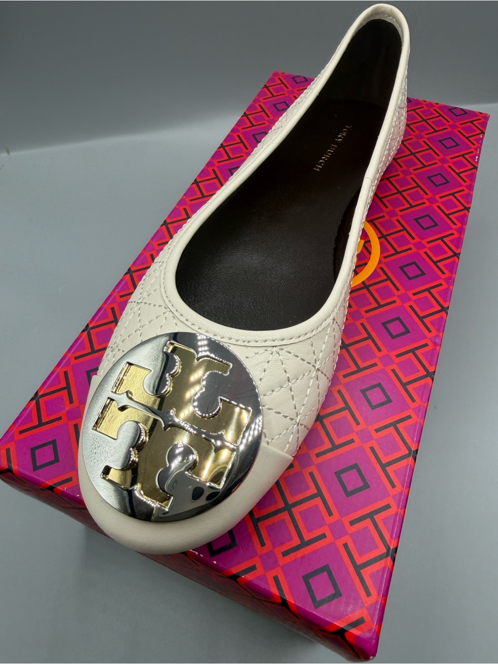 Tory Burch Cream Quilted Logo Round-Toe Ballet Flat